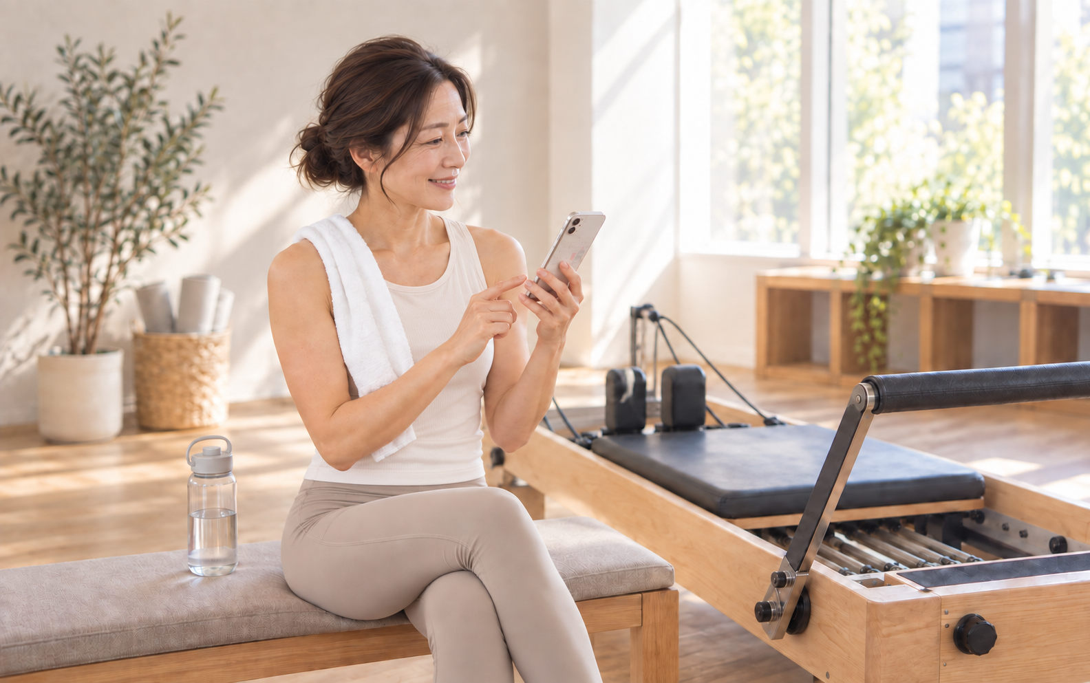 スタジオでスマートフォンを確認する女性